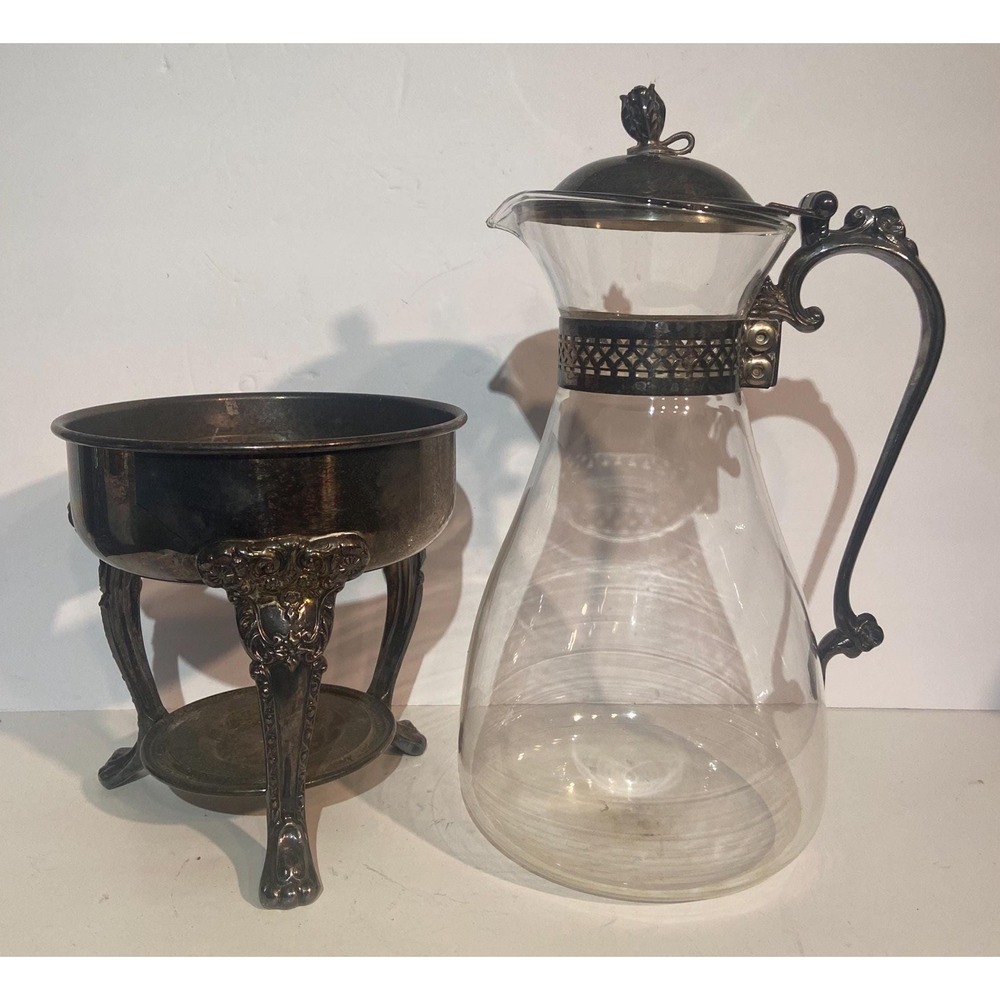 Vintage Silver Plate and Glass Coffee Tea Carafe and Warming Stand